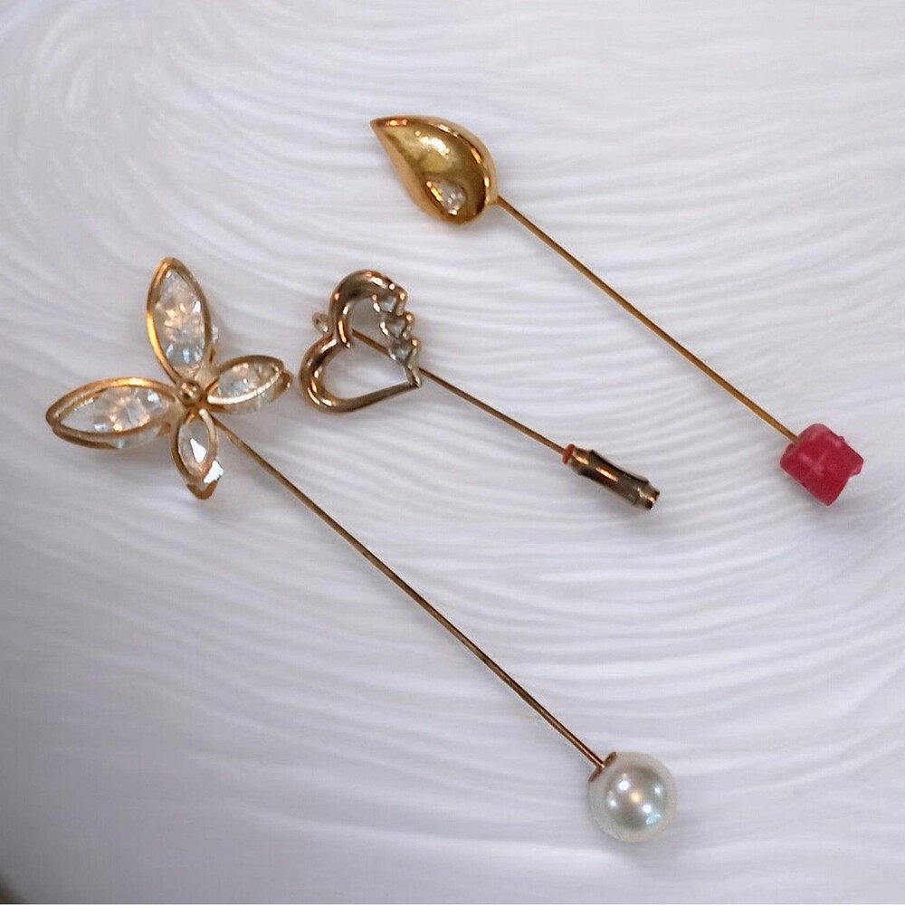 Vintage Lot Hat Lapel Stick Pins Crown Trifari Butterfly Heart Tear Drop Gold